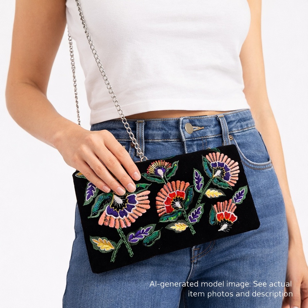 257. Francesca’s Embroidered Velvet Floral Clutch w/ Chain Strap
